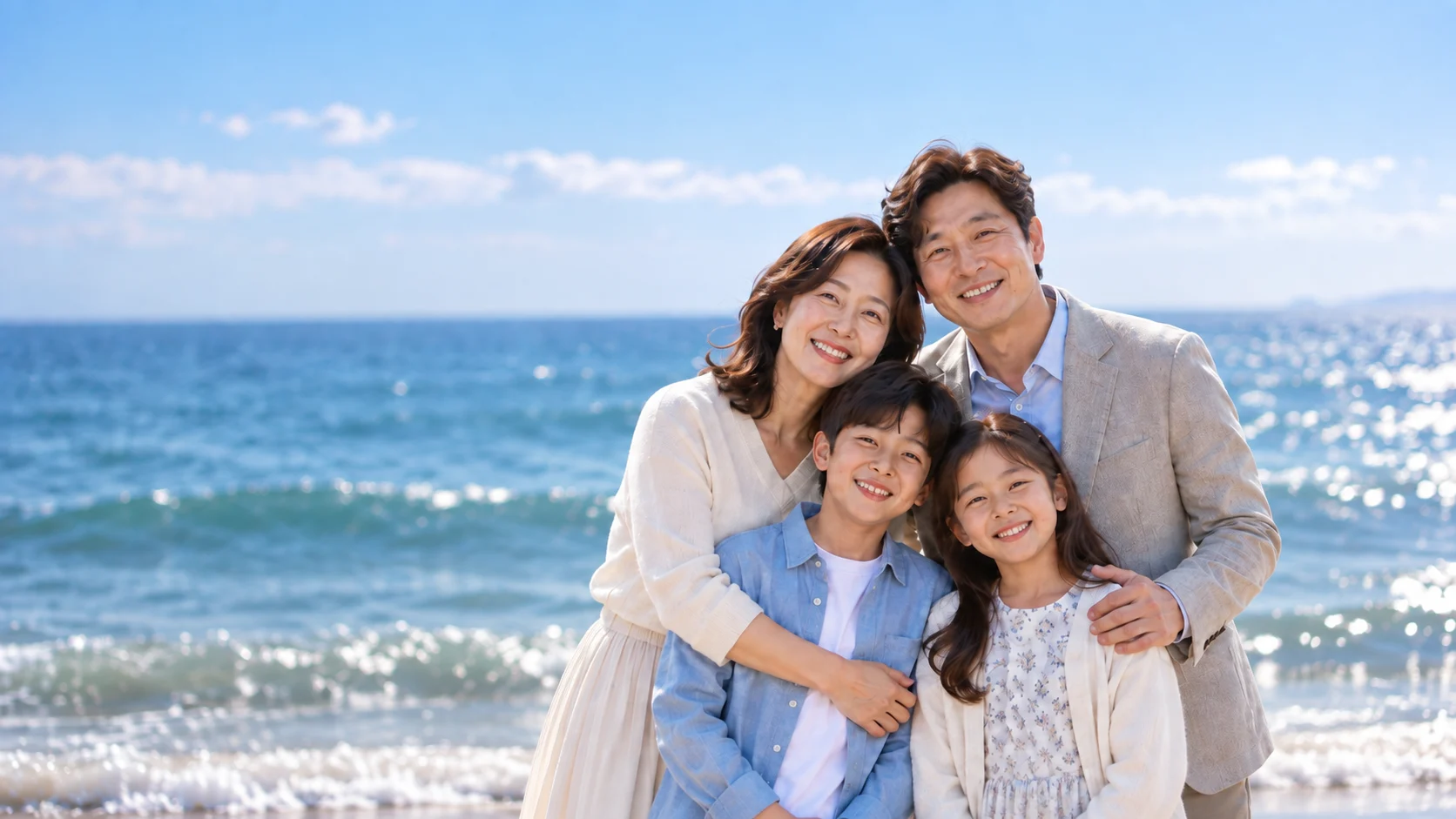 푸른 바다 앞에서 함께 웃는 가족